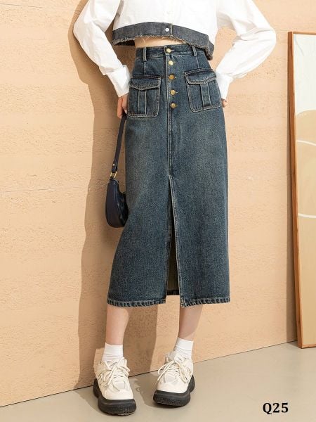  Q25-Chân Váy Chữ A Denim Túi Trước 