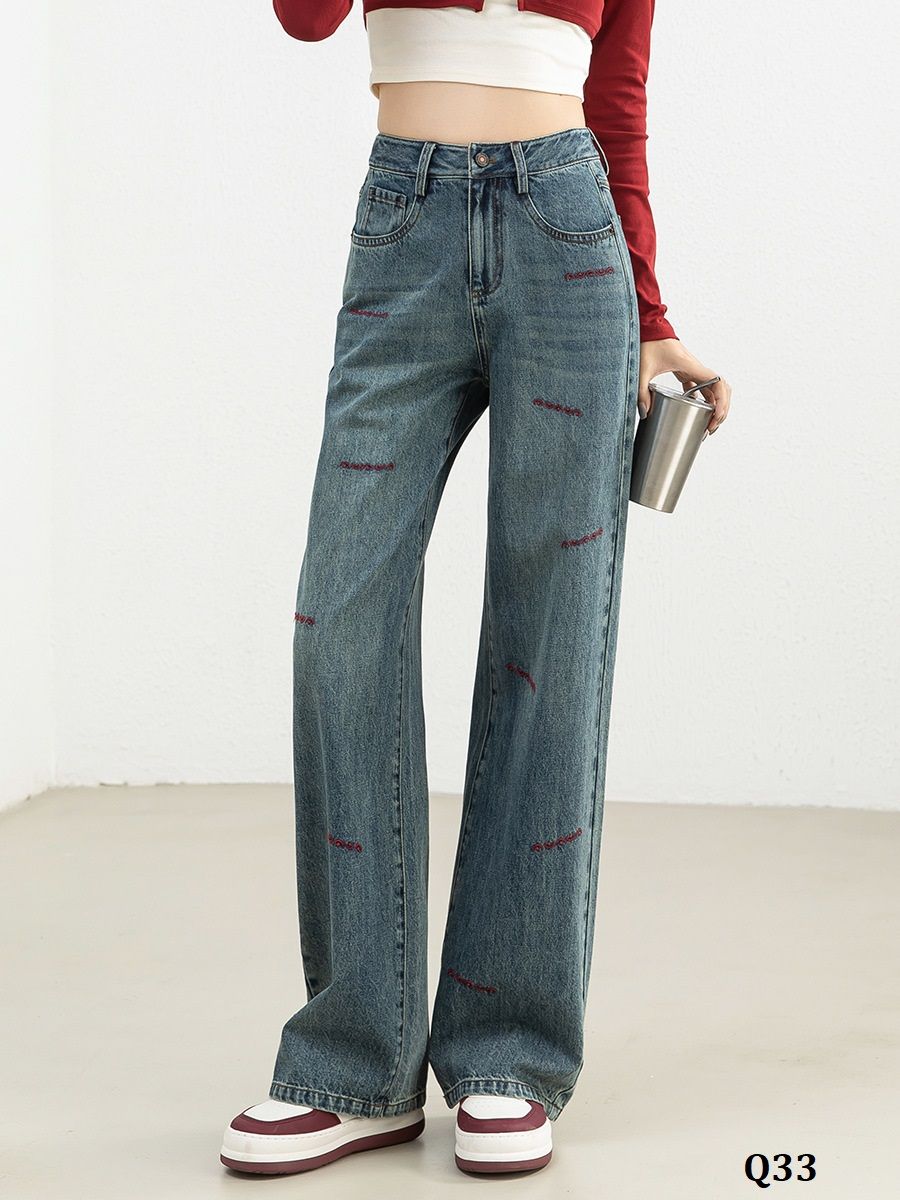  Q33-Quần Jeans Lưng Cao Thêu Icon 