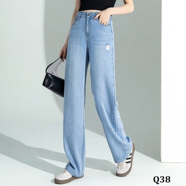  Q38-Quần Jeans Lụa Lưng Cao Wash Lỗ Năng Động 