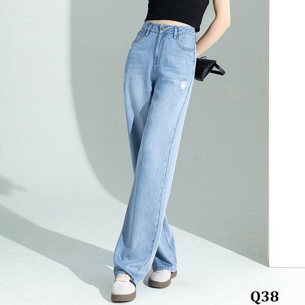  Q38-Quần Jeans Lụa Lưng Cao Wash Lỗ Năng Động 