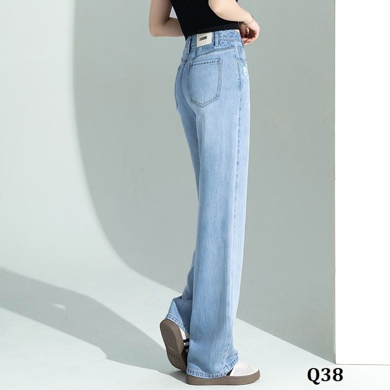  Q38-Quần Jeans Lụa Lưng Cao Wash Lỗ Năng Động 