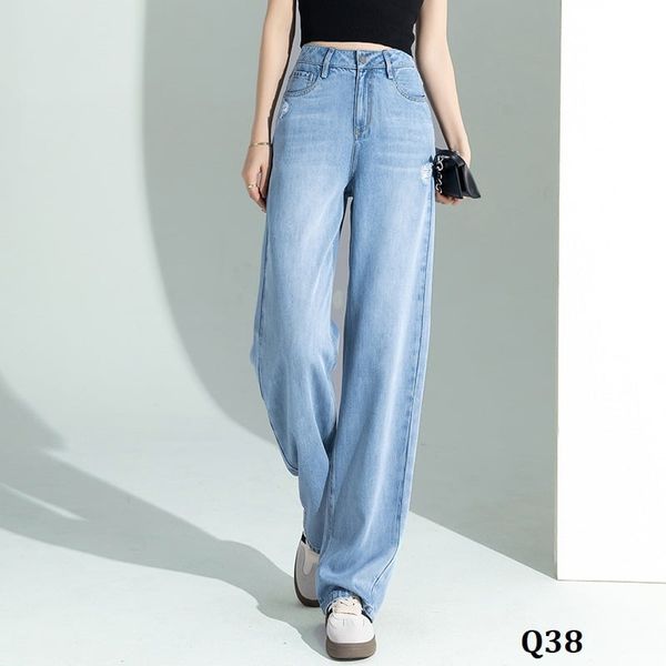  Q38-Quần Jeans Lụa Lưng Cao Wash Lỗ Năng Động 
