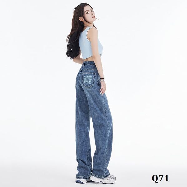  Q71-Quần Jeans Ống Suông Lưng Cao Thêu Túi 