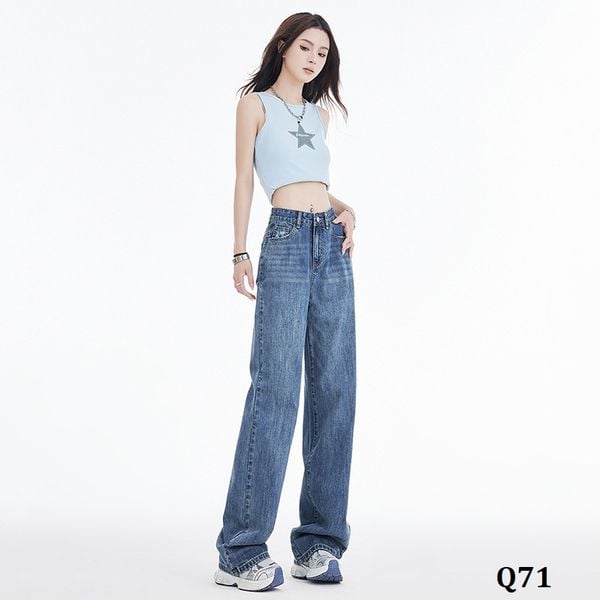  Q71-Quần Jeans Ống Suông Lưng Cao Thêu Túi 