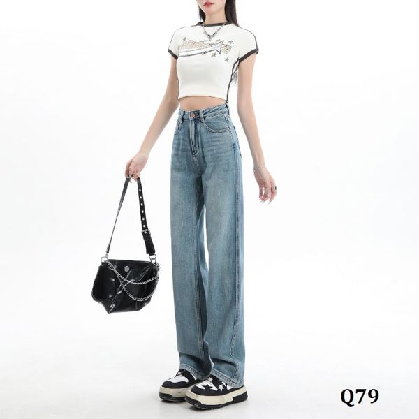  Q79-Quần Jeans Lụa Eo Cao Wash Nhẹ 