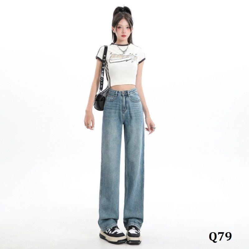  Q79-Quần Jeans Lụa Eo Cao Wash Nhẹ 