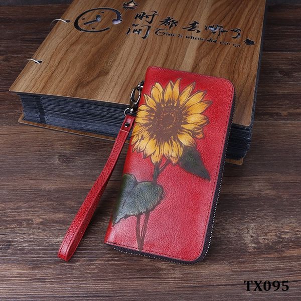  TX095-Ví Cầm Tay Da Thật Vẽ Hướng Dương 