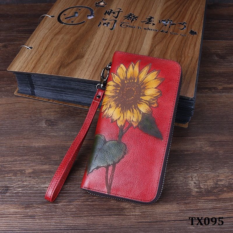  TX095-Ví Cầm Tay Da Thật Vẽ Hướng Dương 
