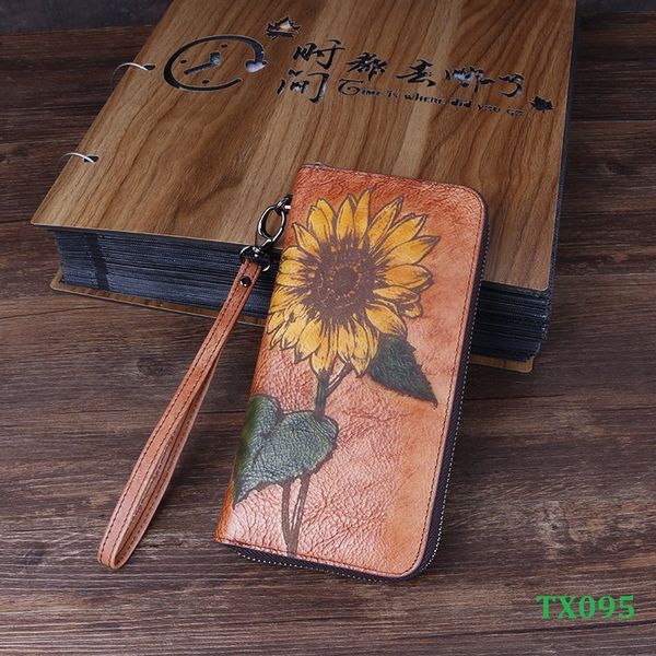  TX095-Ví Cầm Tay Da Thật Vẽ Hướng Dương 
