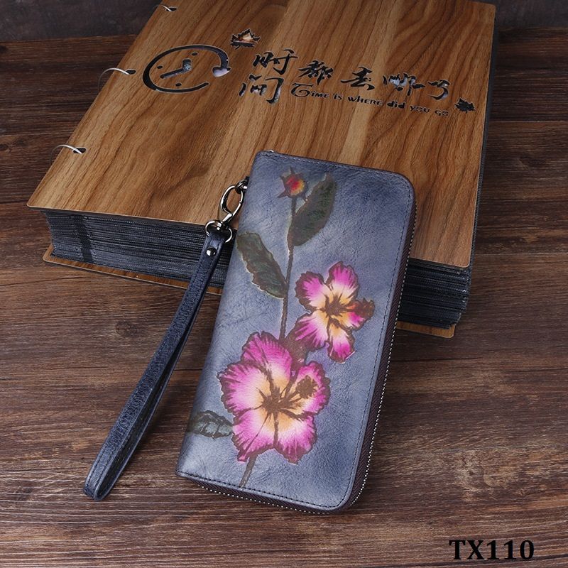  TX110-Ví Cầm Tay Da Thật Vẽ Hoa 