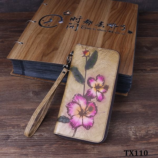  TX110-Ví Cầm Tay Da Thật Vẽ Hoa 