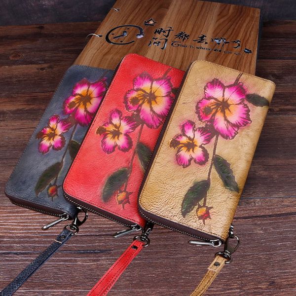  TX110-Ví Cầm Tay Da Thật Vẽ Hoa 