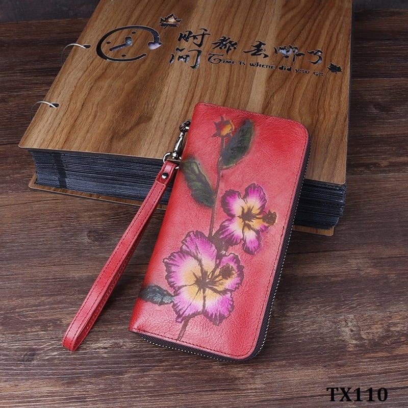  TX110-Ví Cầm Tay Da Thật Vẽ Hoa 