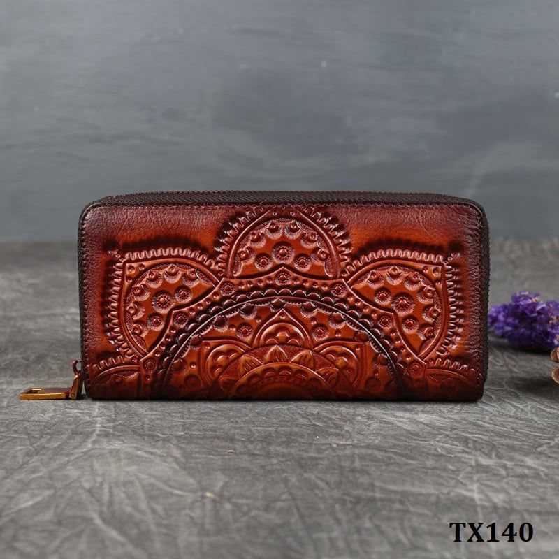  TX140-Ví Cầm Tay Da Thật Khắc Hoa Văn Cổ Điển 