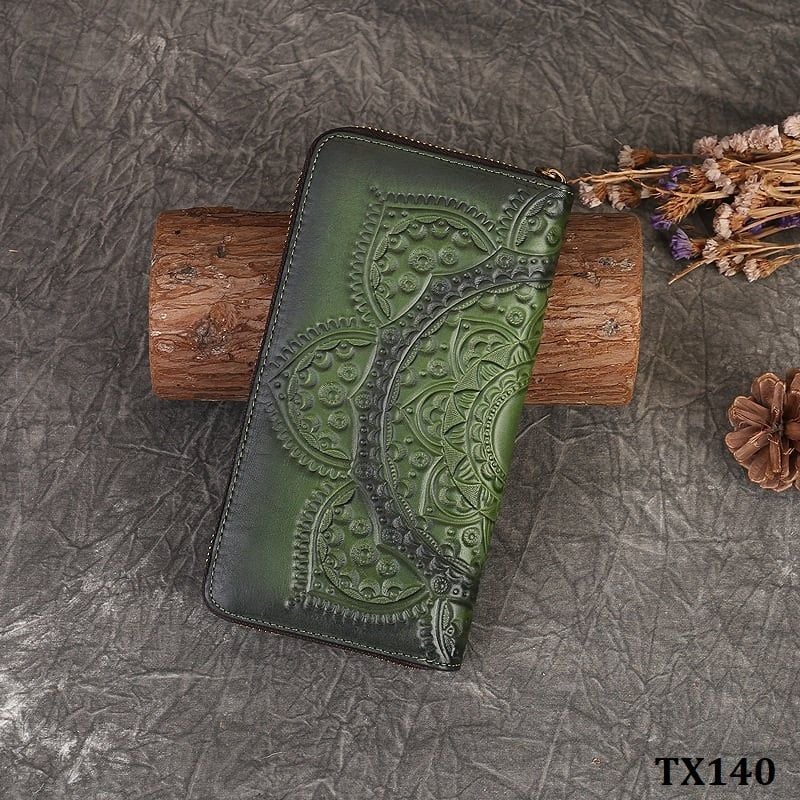  TX140-Ví Cầm Tay Da Thật Khắc Hoa Văn Cổ Điển 