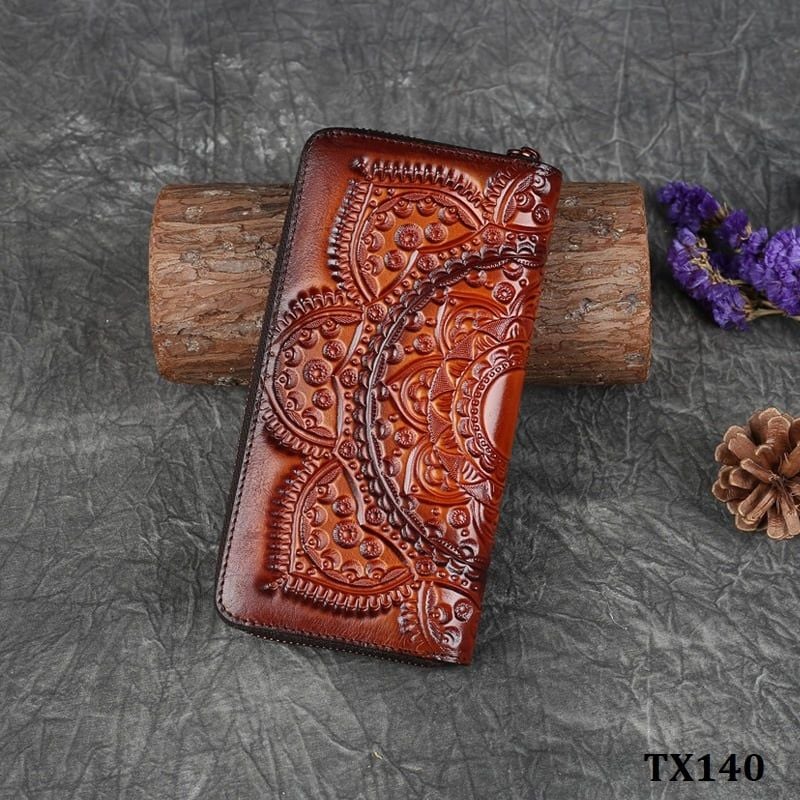  TX140-Ví Cầm Tay Da Thật Khắc Hoa Văn Cổ Điển 