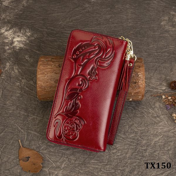  TX150-Ví Cầm Tay Da Thật Dập Hoa Văn Cổ Điển 
