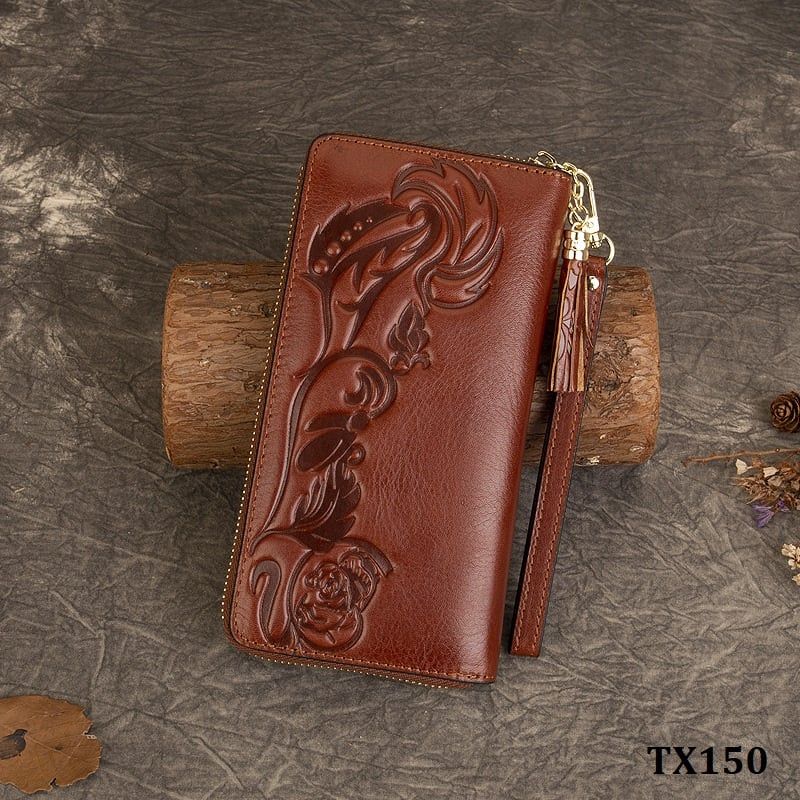  TX150-Ví Cầm Tay Da Thật Dập Hoa Văn Cổ Điển 