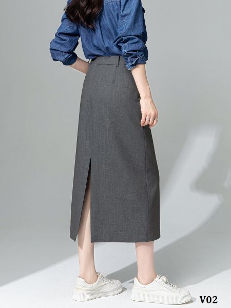  V02-Váy Lụa Len Cừu Co Dãn Xẻ Thẳng Túi Kiểu 