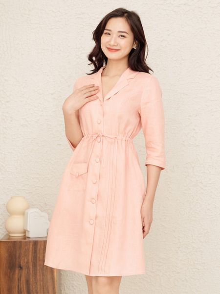  D144_ Đầm Linen Rút Eo Xếp Ly Phối Túi 