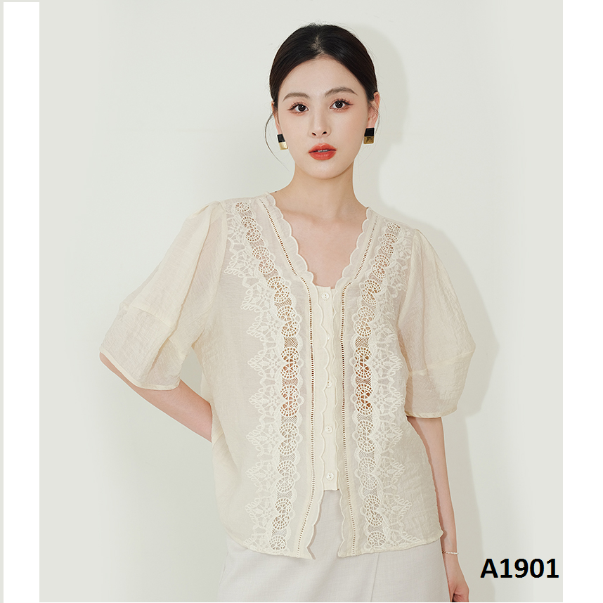  A1901-Áo Sơ Mi Ren Thêu Đối Xứng Cổ V 