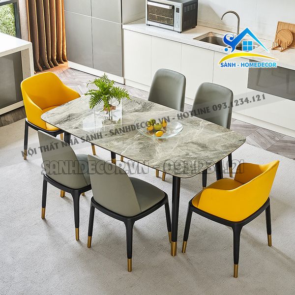  Bộ Bàn Ăn Mặt Đá 6 Ghế Bọc Nệm Cao Cấp - Ba98 