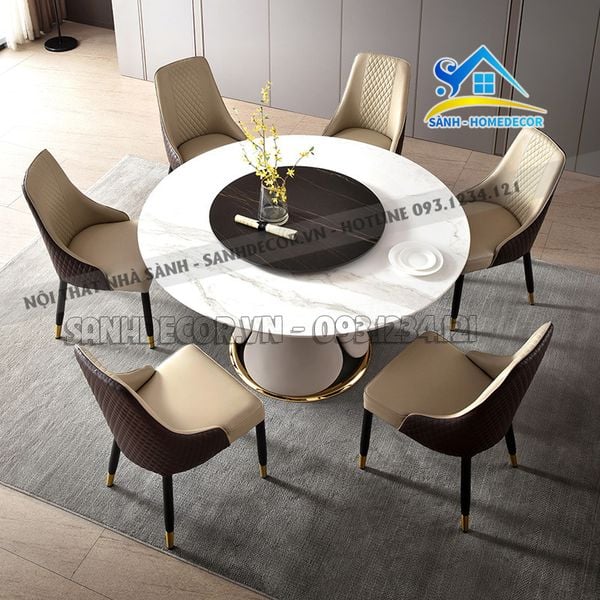  Bàn Ăn Tròn Mặt Đá Phiến Ceramic 6 Ghế - Ba84 