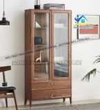 Tủ sách gỗ cánh kính cường lực màu walnut - TS40