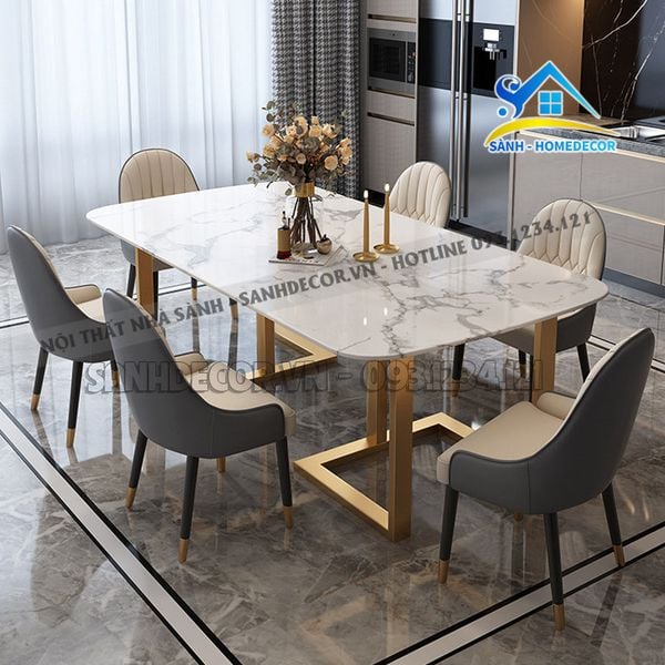  Bộ Bàn Ăn Mặt Đá 6 Ghế Bọc Nệm Cao Cấp - Ba110 