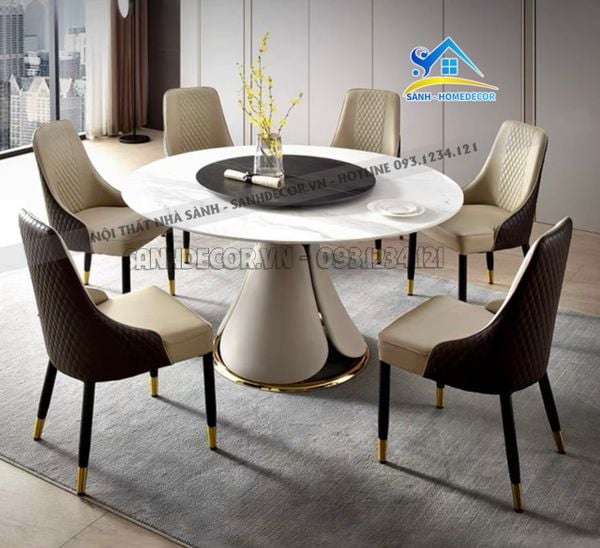  Bàn Ăn Tròn Mặt Đá Phiến Ceramic 6 Ghế - Ba84 