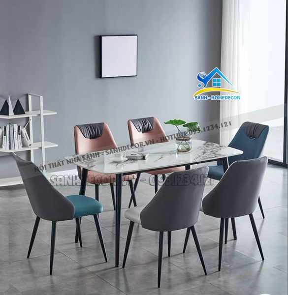  Bộ Bàn Ăn Mặt Đá Vera 6 Ghế Bọc Da - Ba91 