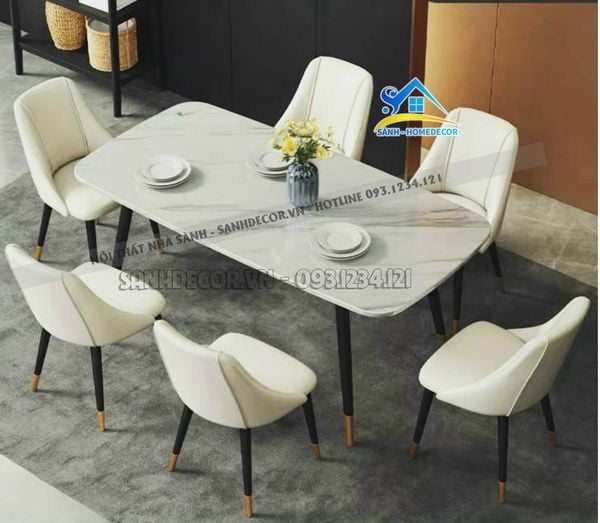  Bộ Bàn Ăn Mặt Đá 6 Ghế Bọc Da Bền - Ba92 