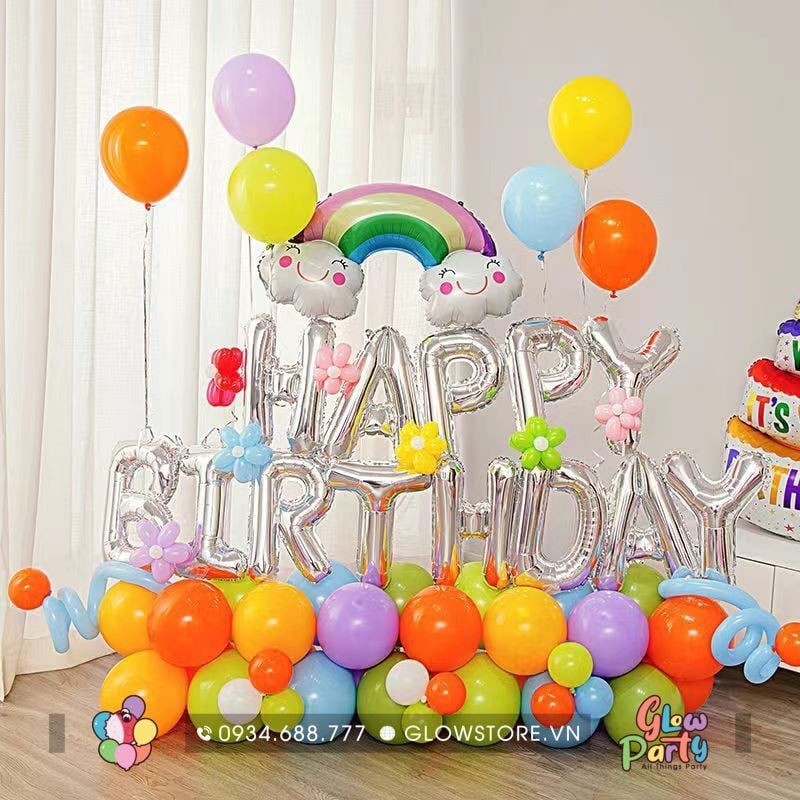 Trụ bóng tạo hình - Happy Birthday cầu vòng