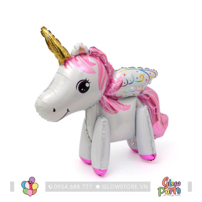 Bóng nhôm ngựa 1 sừng 4D - Unicorn trắng hồng