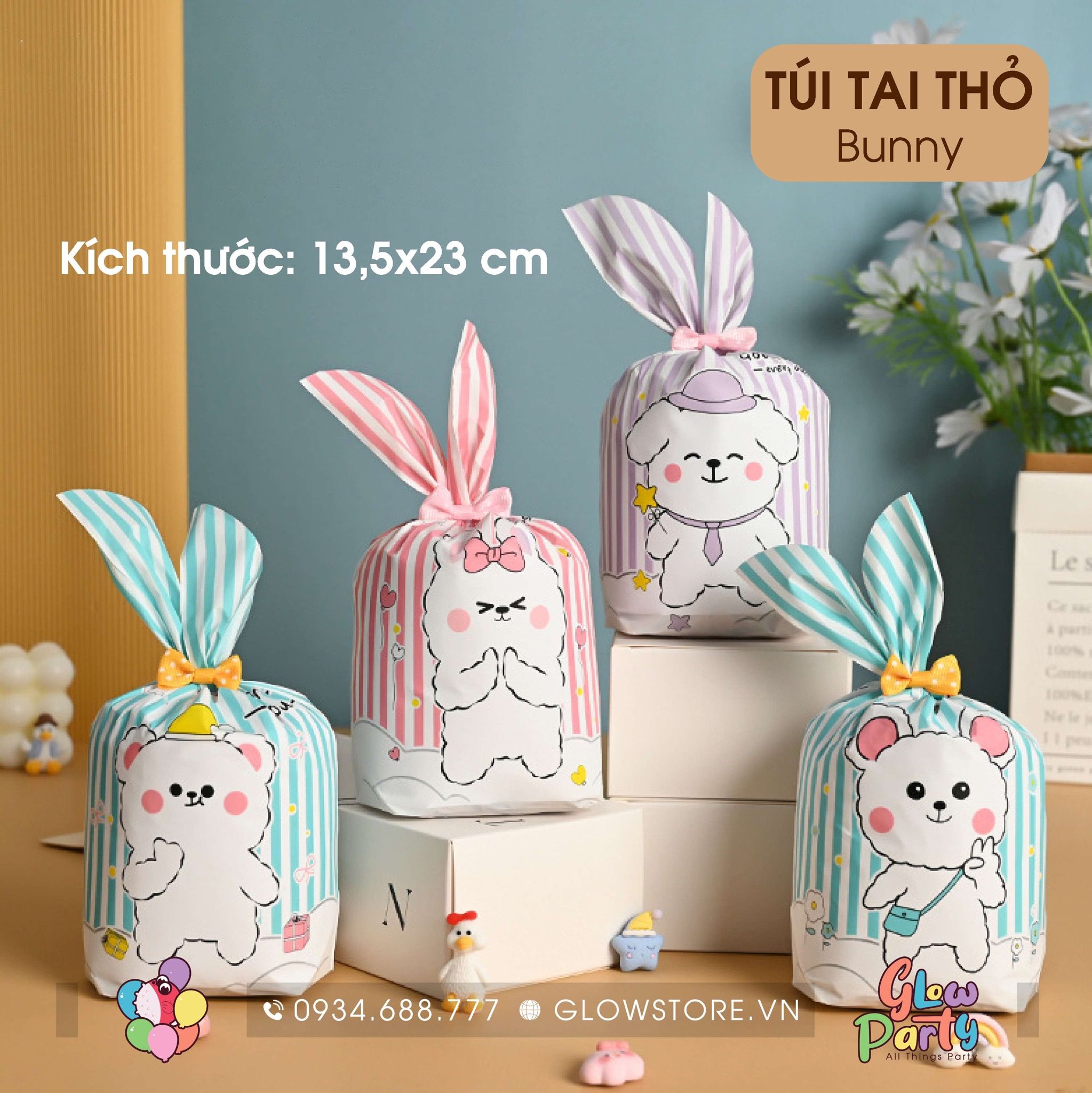 Túi đựng kẹo tai thỏ nhỏ kèm nơ - Mix mẫu - Set 10 cái