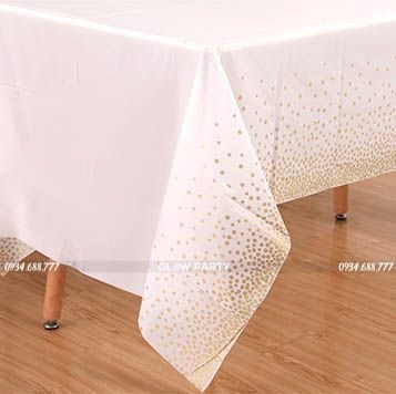  Khăn bàn tiệc ép kim - Trắng chấm bi gold 