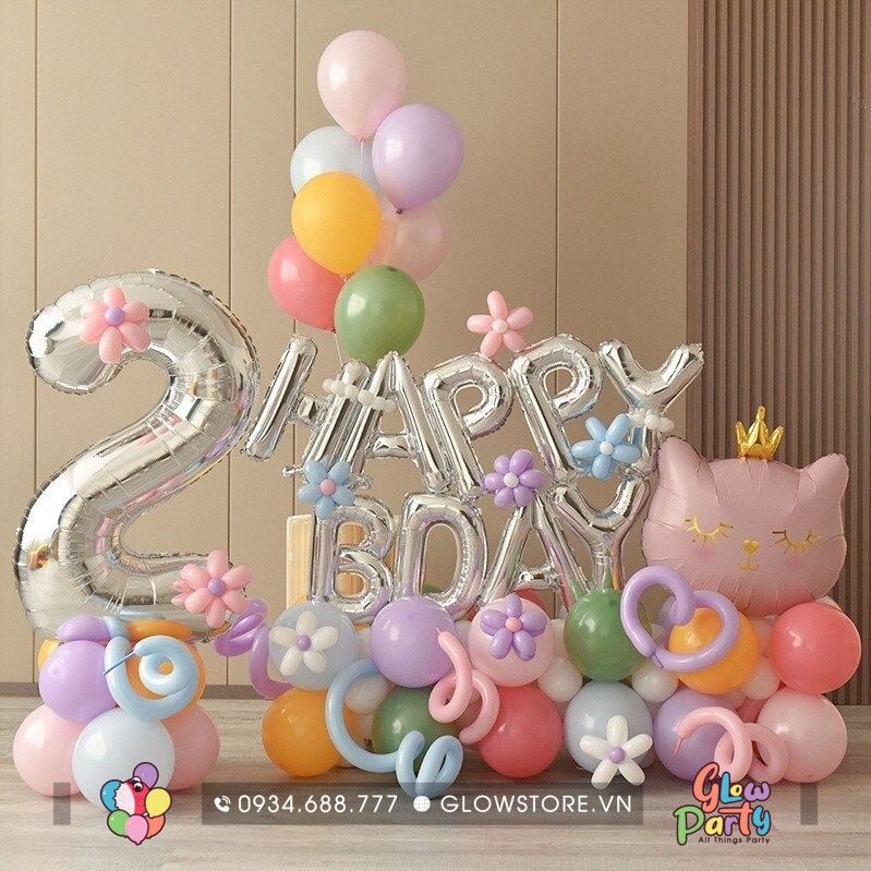 Trụ bóng số tạo hình - Happy Birthday Mèo cute