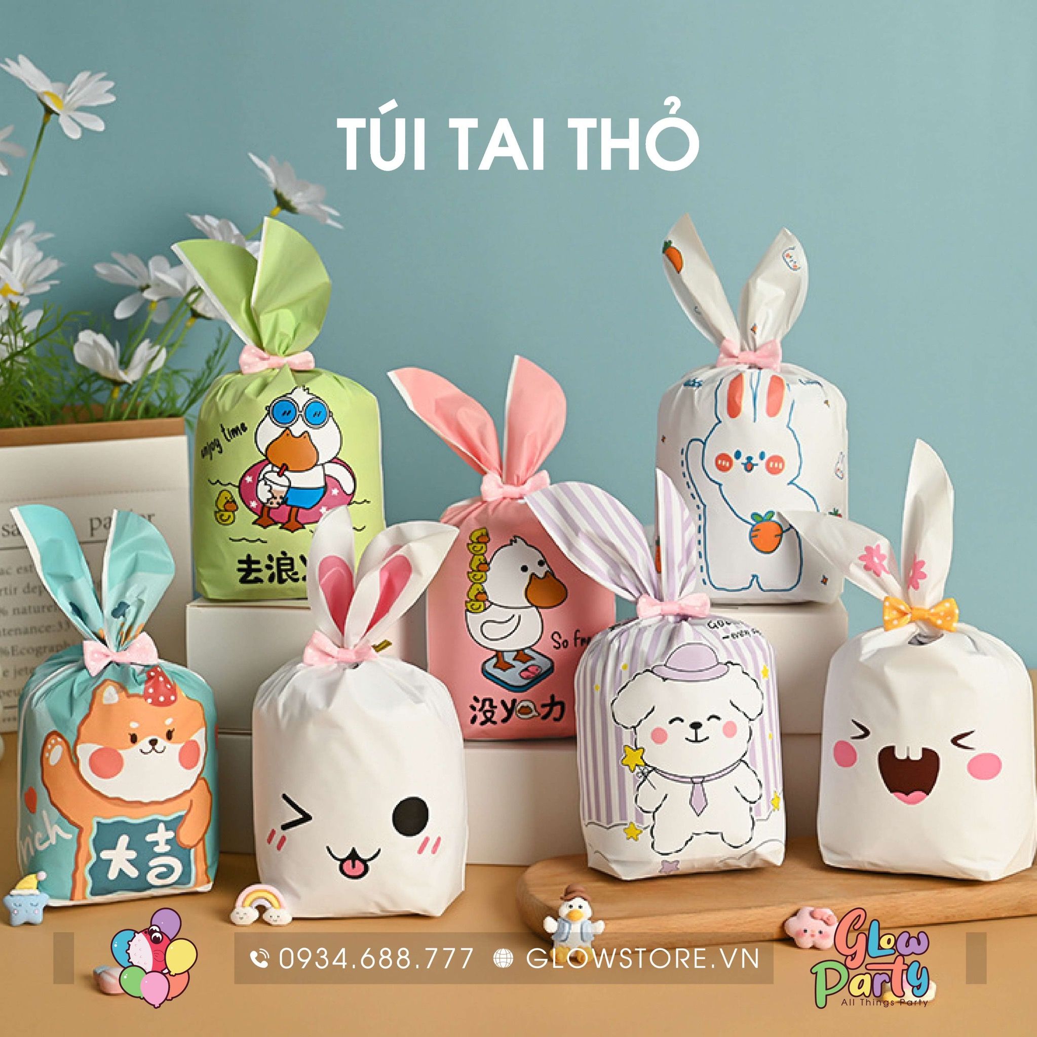 Túi đựng kẹo tai thỏ nhỏ kèm nơ - Set 10 cái