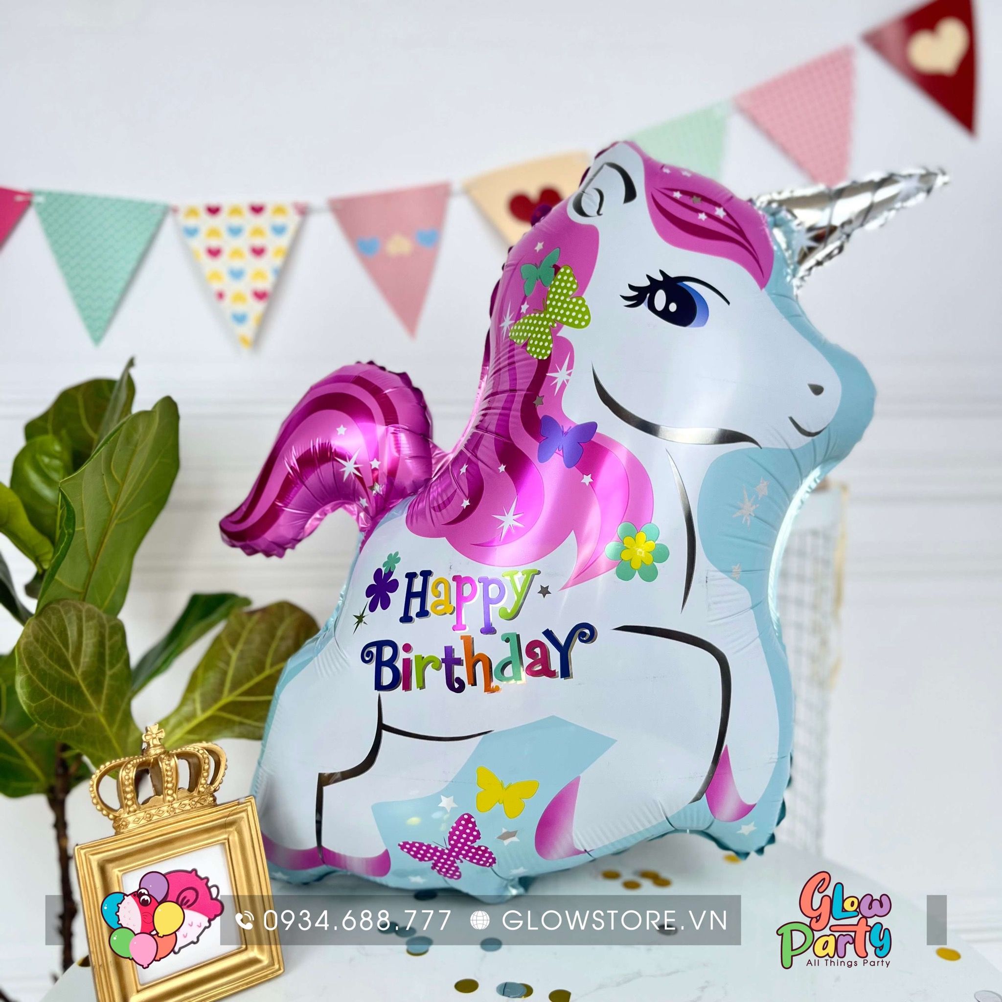 Bóng nhôm ngựa 1 sừng - Unicorn chữ Happy Birthday