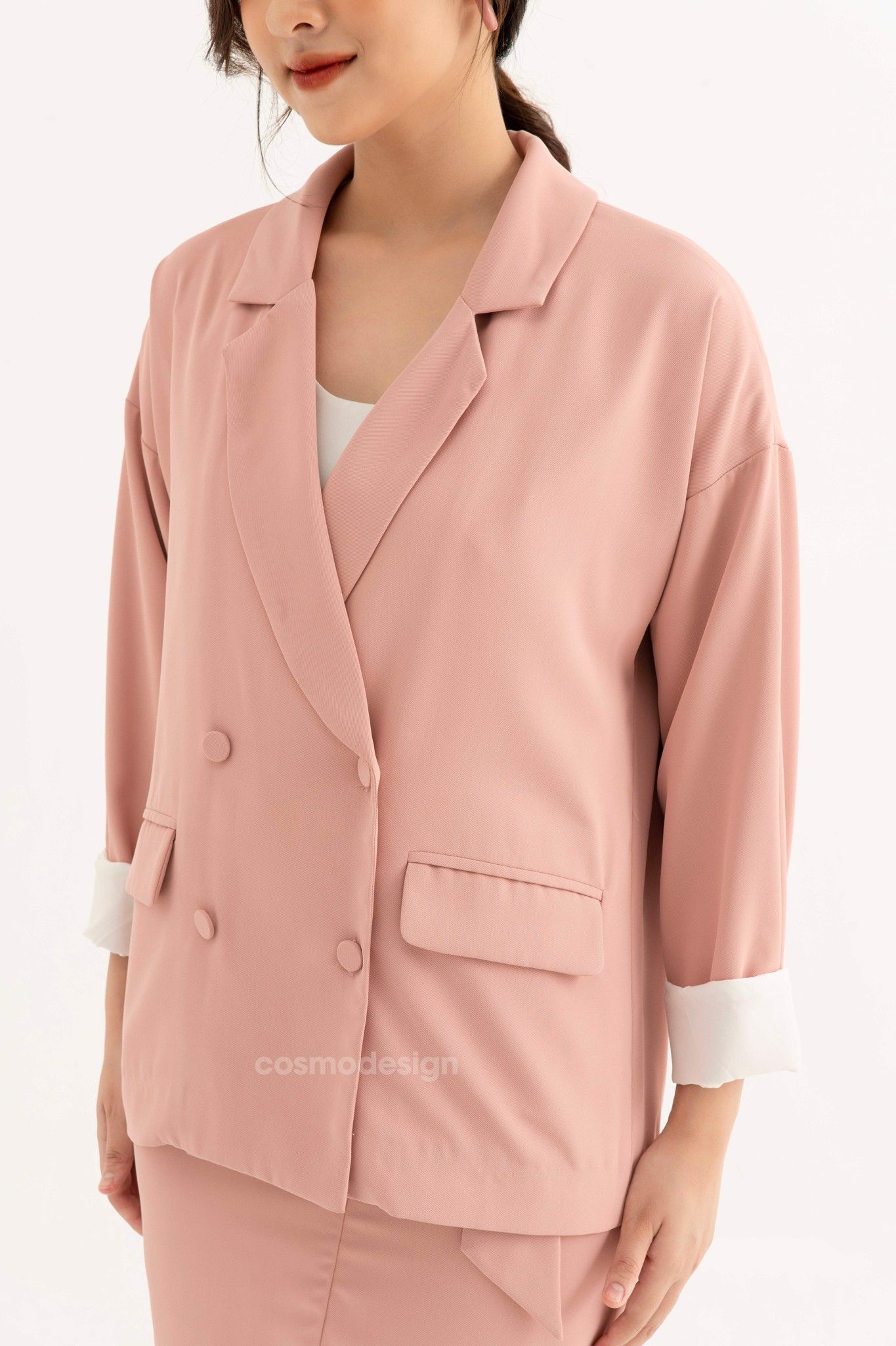 Phom suông  Áo blazer nữ áo vest dài tay màu hồng đậm
