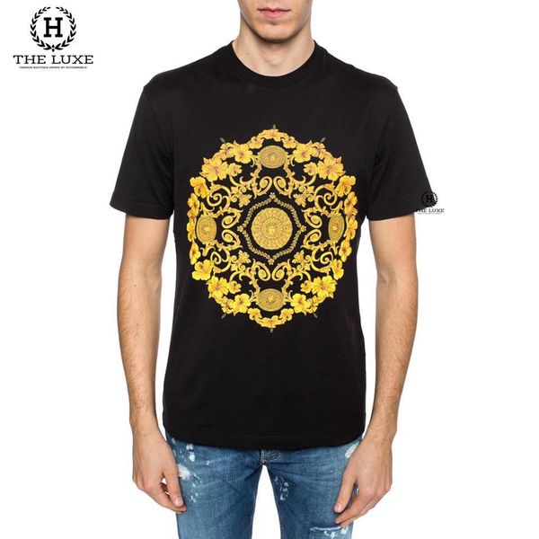 T-shirt Versace Đen Họa Tiết Hoa Vàng