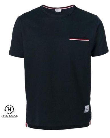  T-Shirt Thom Browne xanh navy check túi ngực 