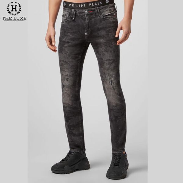 Quần Jeans Philipp Plein Đen Ghi Loang Tag Da