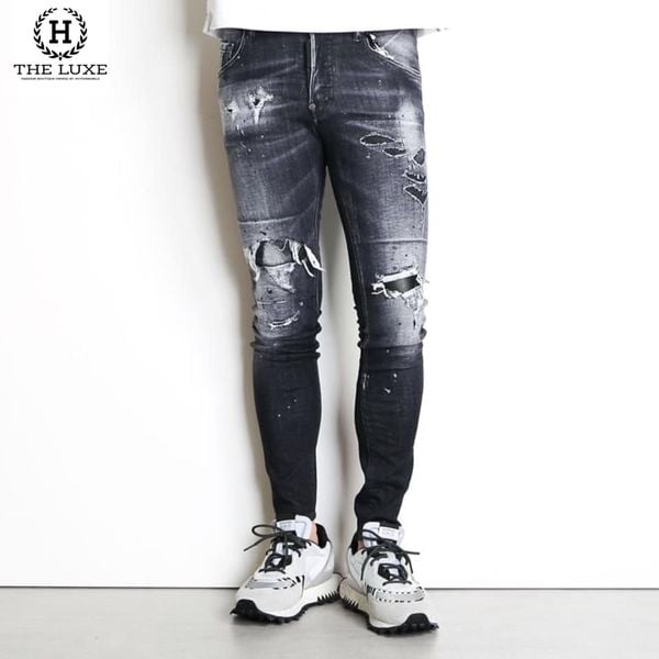 Quần Jeans Dsquared2 Rách Vảy Sơn Đen Ghi