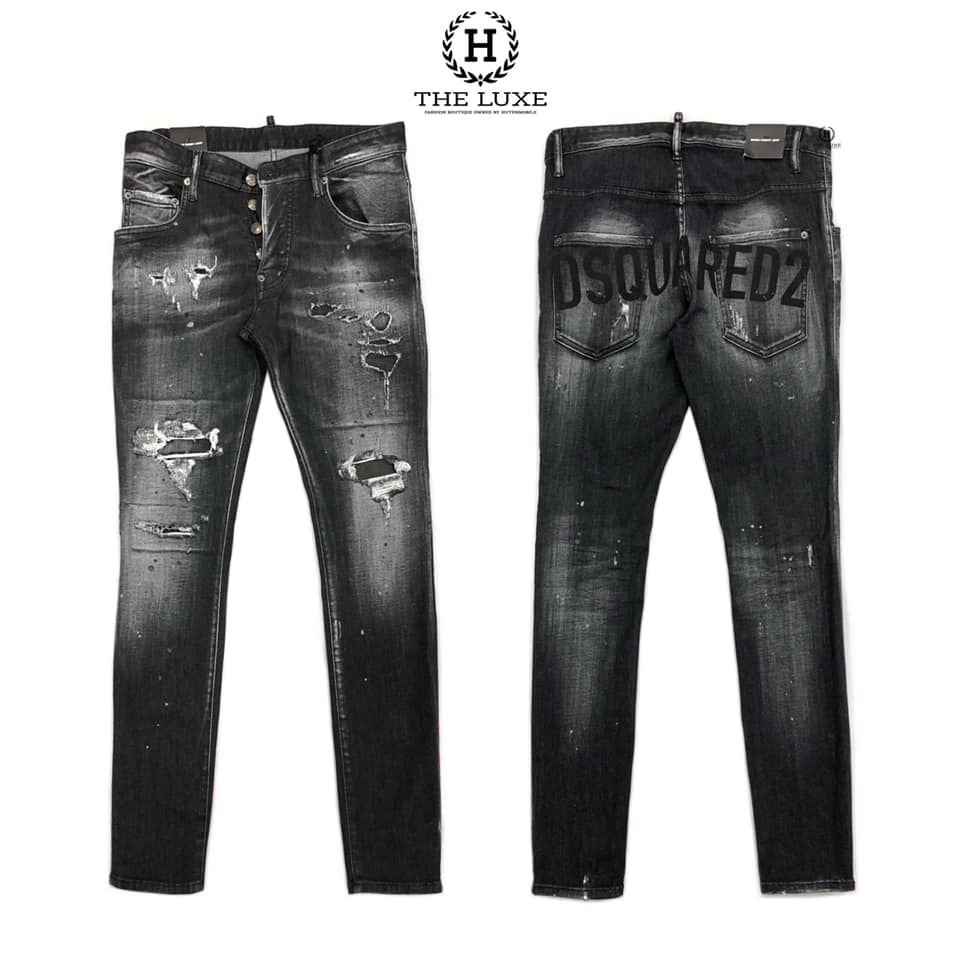 Quần Jeans Dsquared2 Rách Vảy Sơn Đen Ghi