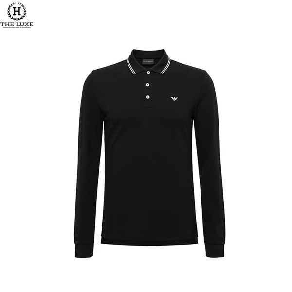 Polo Armani Dài Tay Đen Tag Ngực