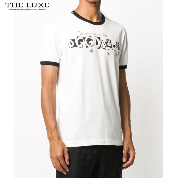 T-shirt Dolce & Gabbana Trắng Chữ Ngực Viền Đen