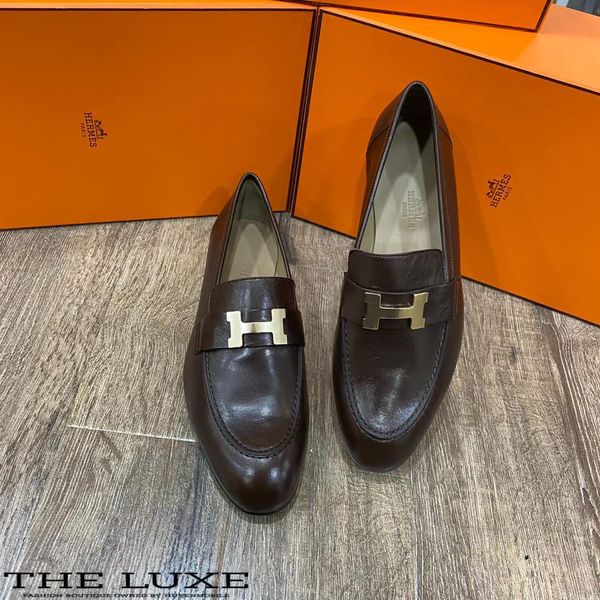 Loafer Hermes Paris Chocolate Tag Vàng