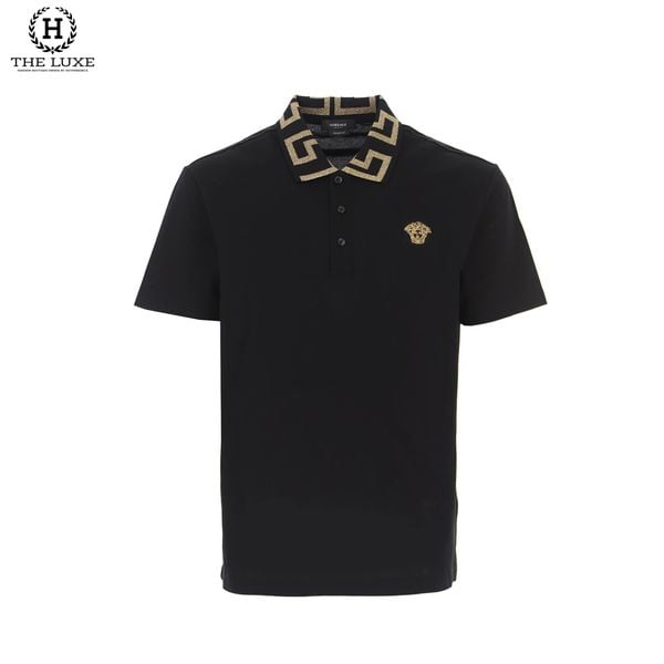 Polo Versace Đen Thêu Medusa Viền Cổ Vàng