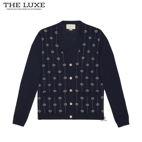  Áo Cardigan Gucci Xanh Navy Mono Trắng 